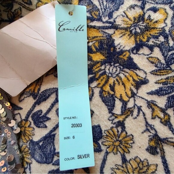 Camille La Vie Silver Sequin Halter Gown | Formal Prom Dress with Train | Size 6 - Picture 8 of 11